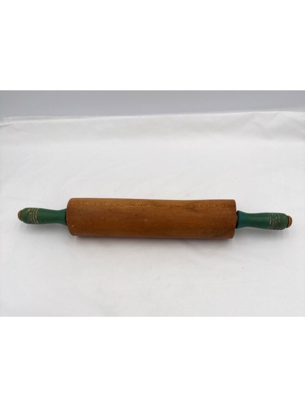 Vtg Wooden Rolling Pin Green Handles 17" Classic Kitchen Tool Baking And Dough